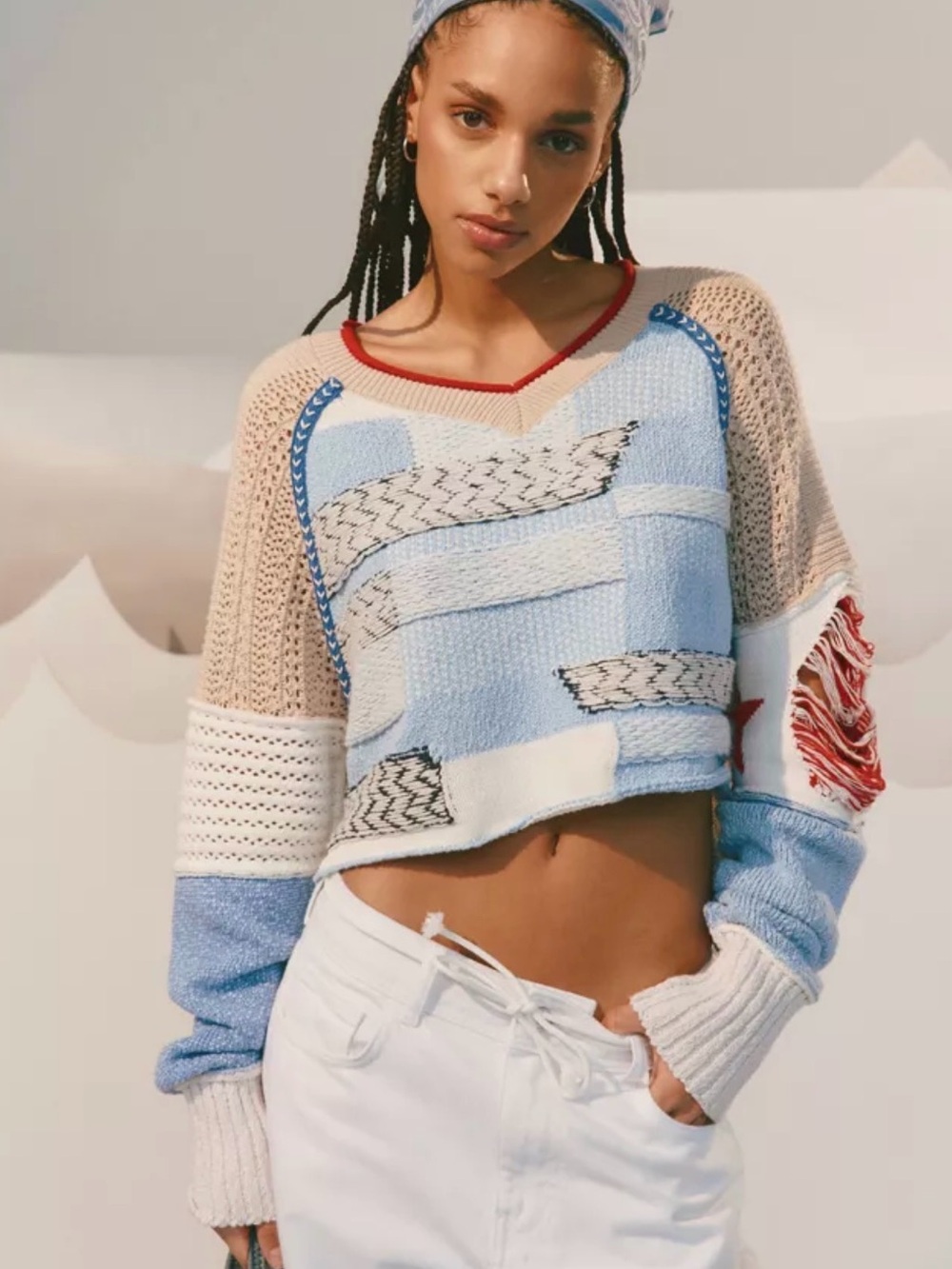 BDG Light Blue Patchwork Cropped Knit Sweater - Women